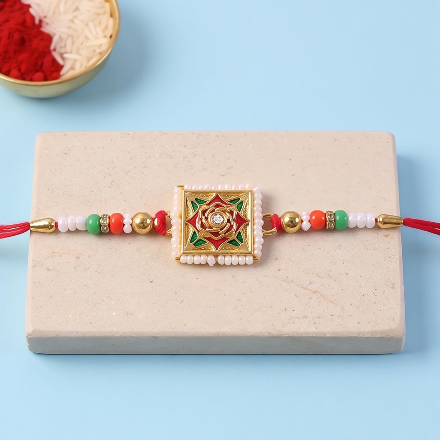 Square Floral Kundan Rakhi for Brother Bhai Raksha Bandhan Festival Special Gift