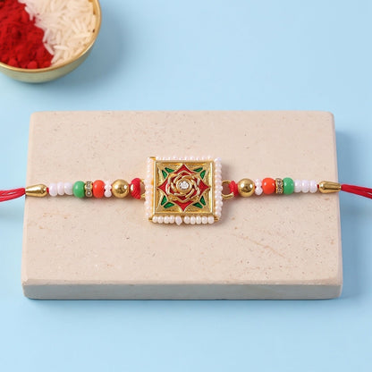 Square Floral Kundan Rakhi for Brother Bhai Raksha Bandhan Festival Special Gift