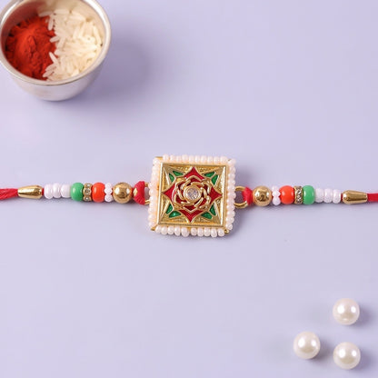 Square Floral Kundan Rakhi for Brother Bhai Raksha Bandhan Festival Special Gift