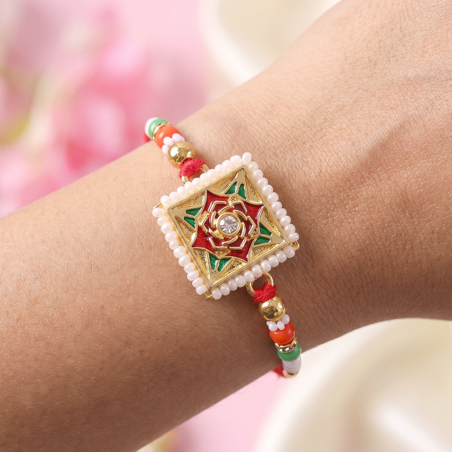 Square Floral Kundan Rakhi for Brother Bhai Raksha Bandhan Festival Special Gift