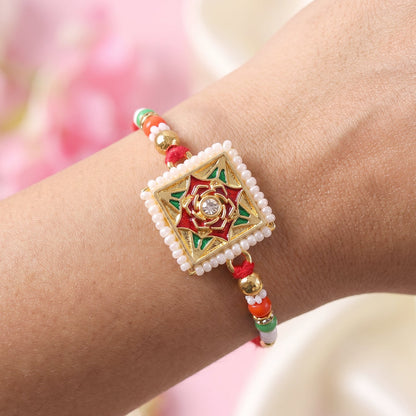 Square Floral Kundan Rakhi for Brother Bhai Raksha Bandhan Festival Special Gift