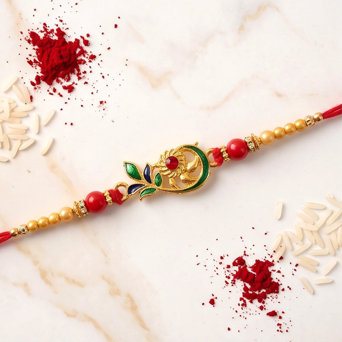 Peacock Leaf Pearl Beads Rakhi for Brother Bhai Raksha Bandhan Festival Special Gift