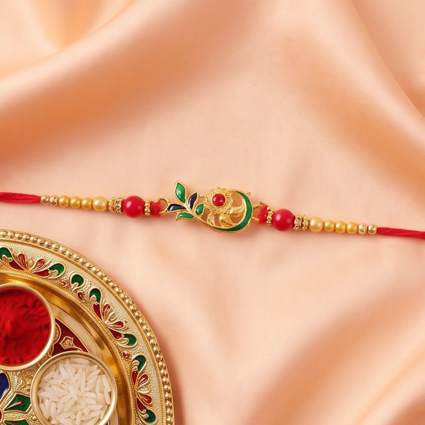 Peacock Leaf Pearl Beads Rakhi for Brother Bhai Raksha Bandhan Festival Special Gift