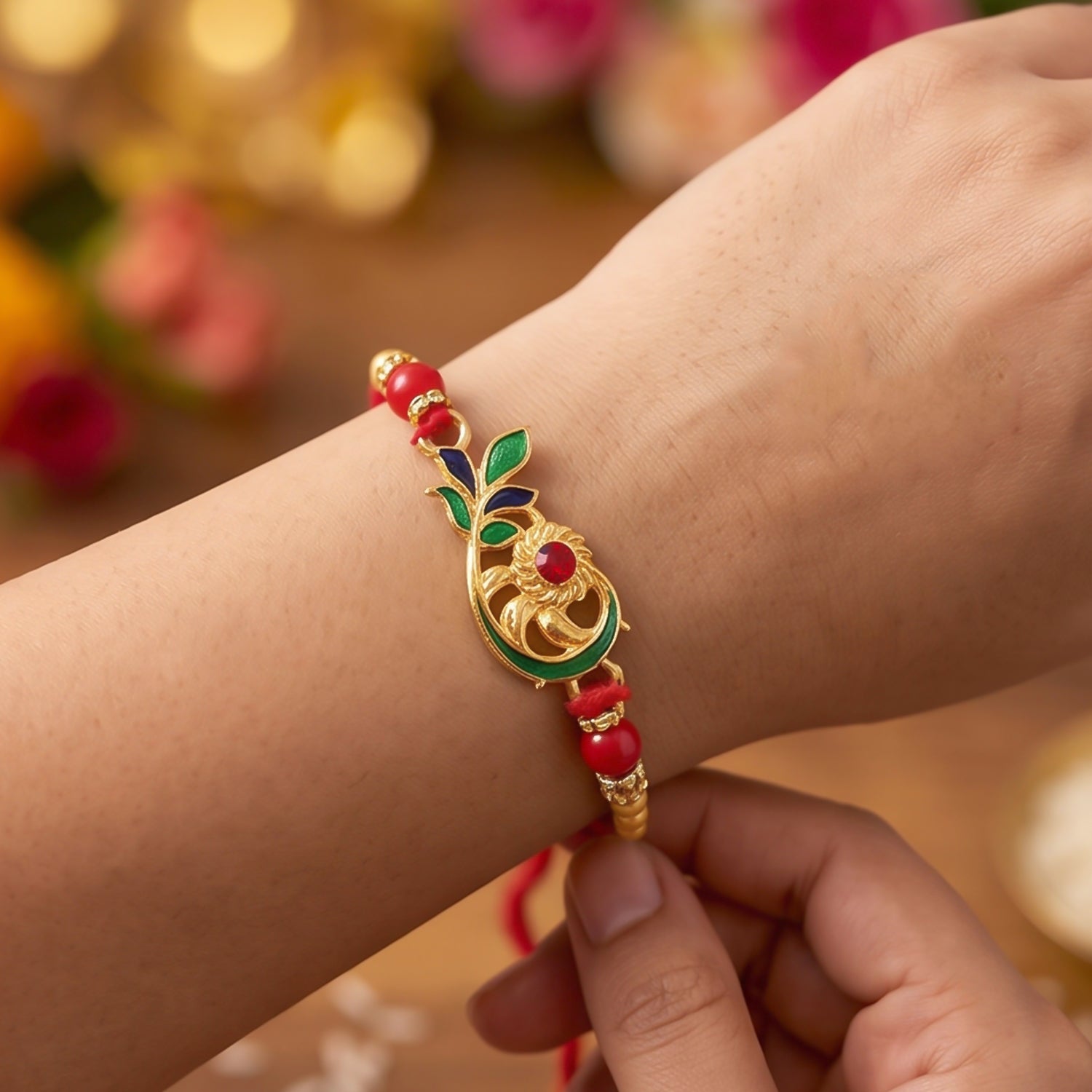 Peacock Leaf Pearl Beads Rakhi for Brother Bhai Raksha Bandhan Festival Special Gift