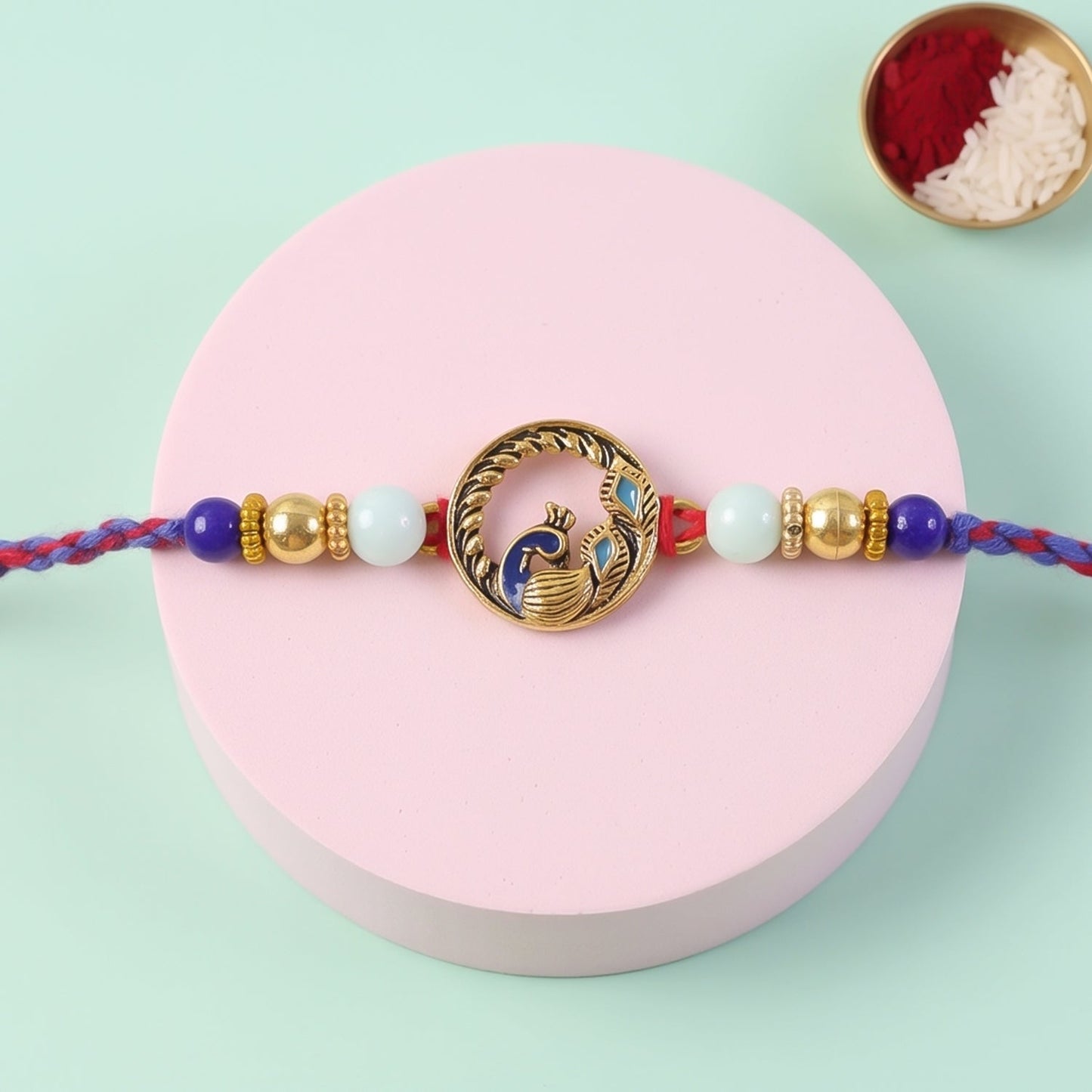 Round Peacock Blue Beads Rakhi for Brother Bhai Raksha Bandhan Festival Special Gift