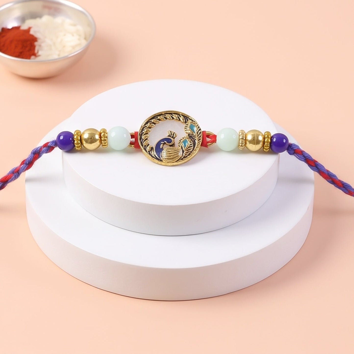 Round Peacock Blue Beads Rakhi for Brother Bhai Raksha Bandhan Festival Special Gift