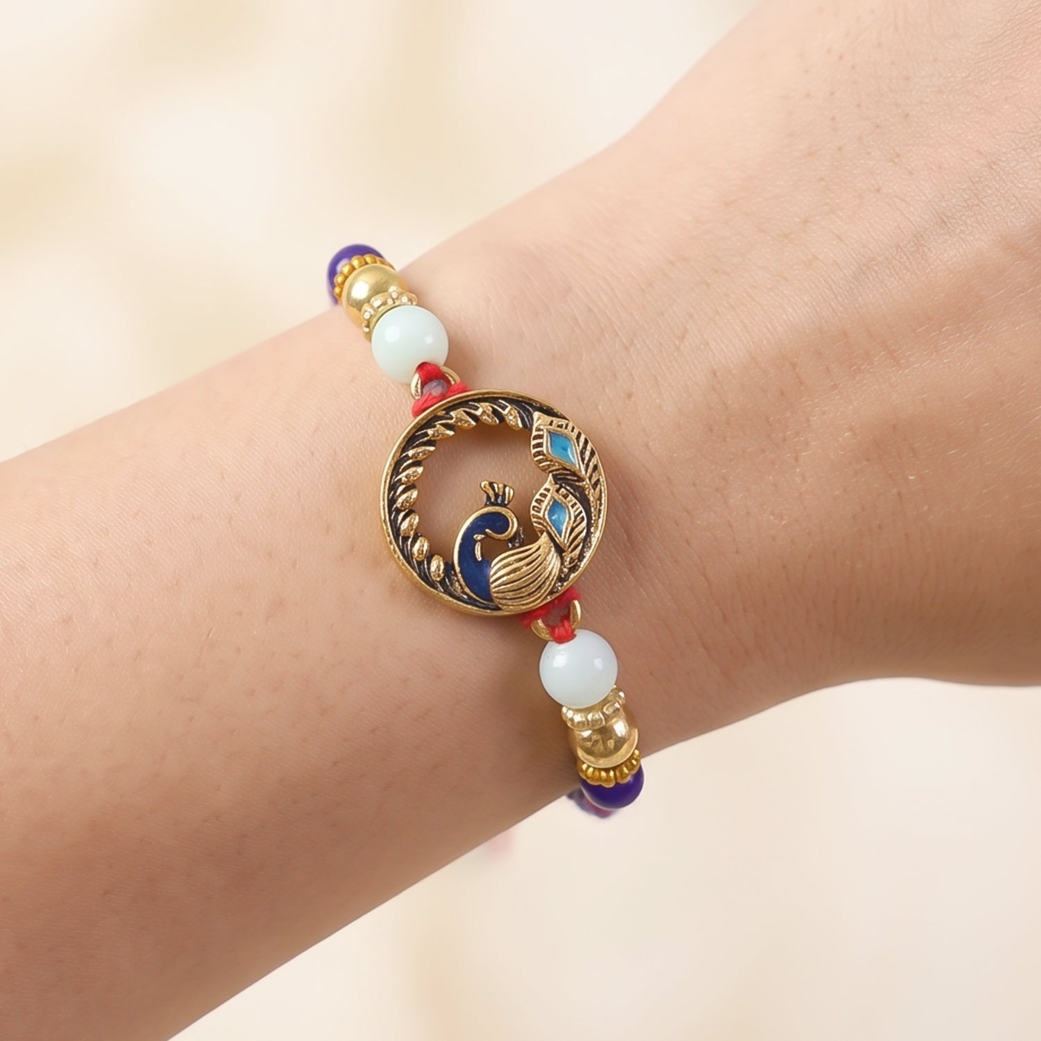 Round Peacock Blue Beads Rakhi for Brother Bhai Raksha Bandhan Festival Special Gift