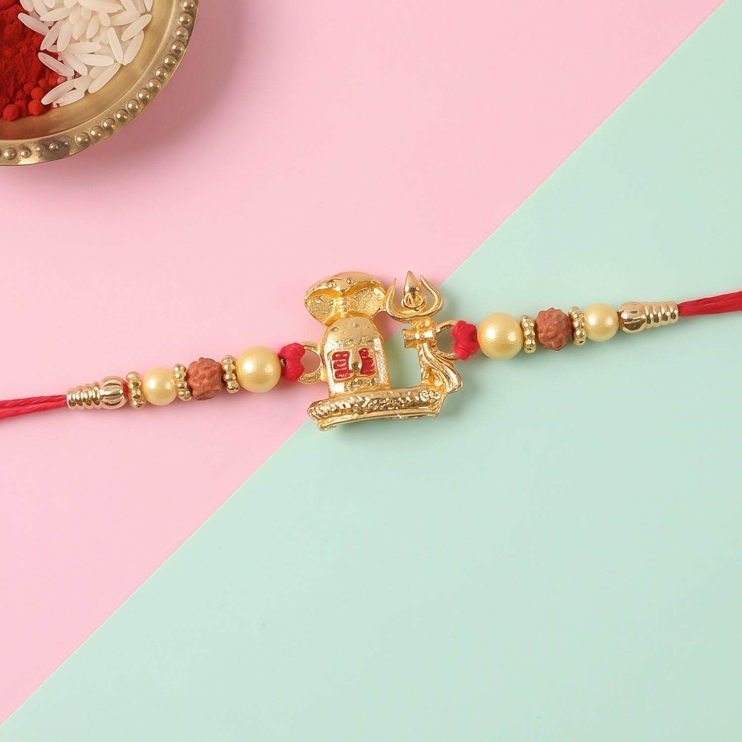 Gold Shivling Pearl Charm Rakhi for Brother Bhai Raksha Bandhan Festival Special Gift