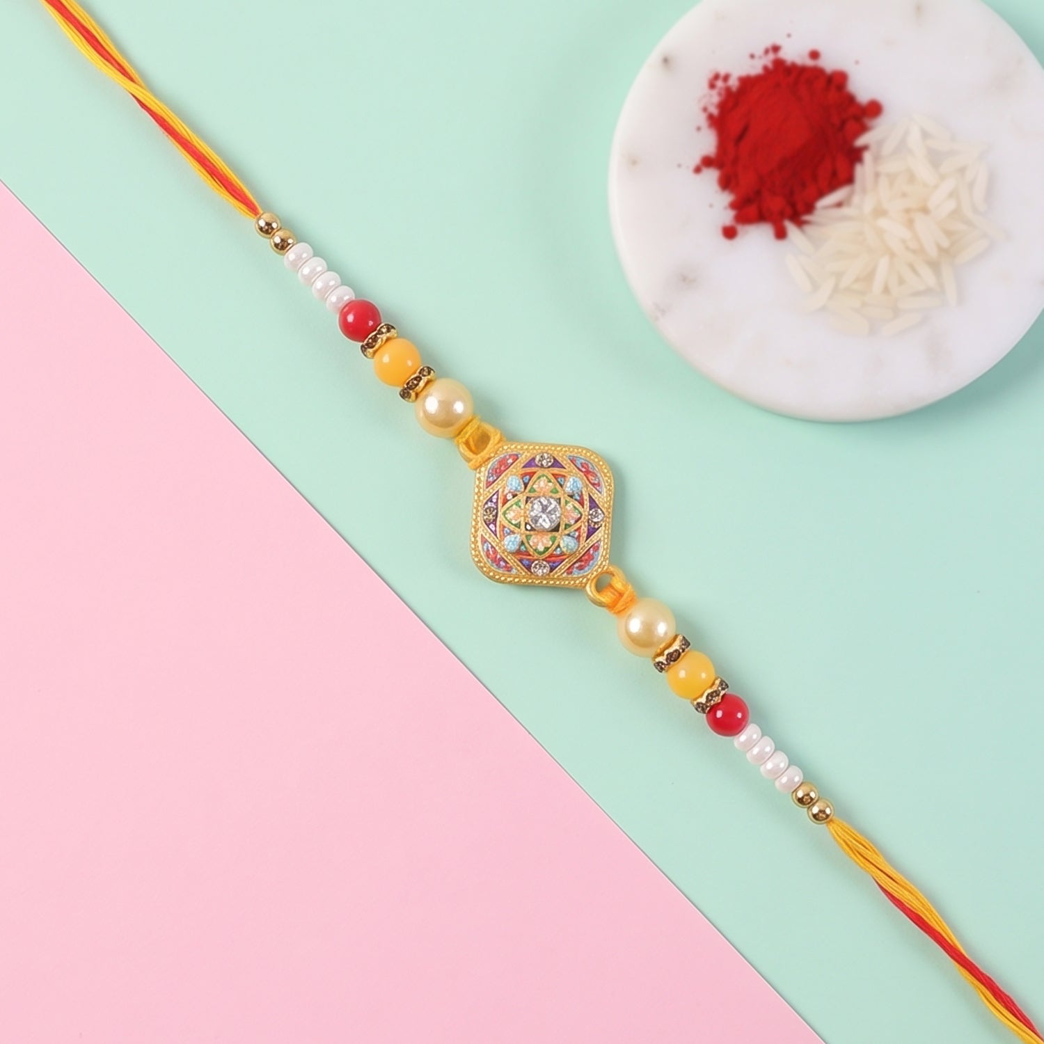 Square Kundan Stone Rakhi for Brother Bhai Raksha Bandhan Festival Special Gift Set