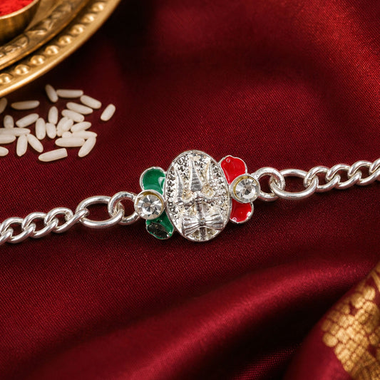Silver Trishul Chain Rakhi with Stone & Meenakari – Rakhi for Brother