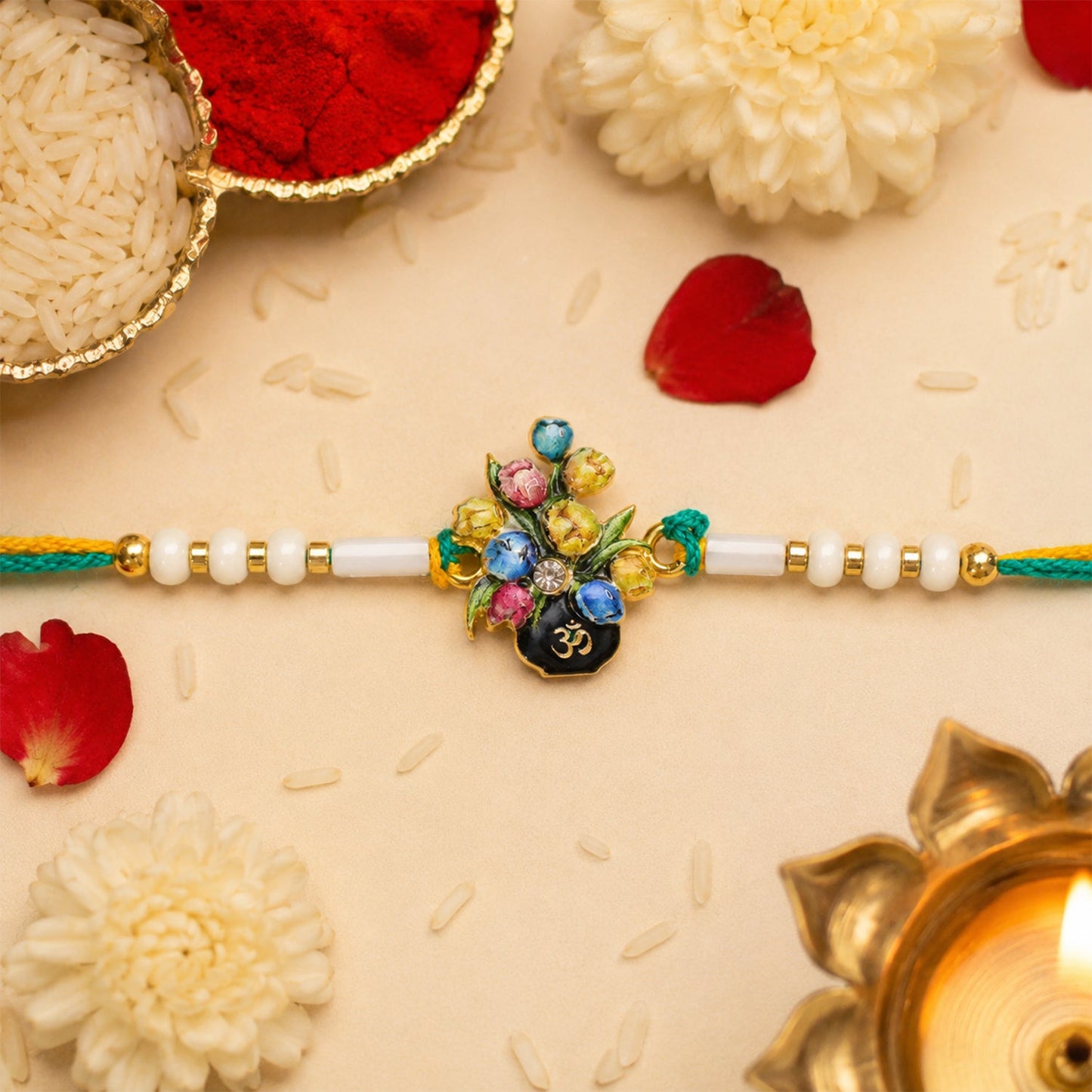 Floral Kundan Pearl Rakhi for Brother Bhai Raksha Bandhan Festival Special Gift Set