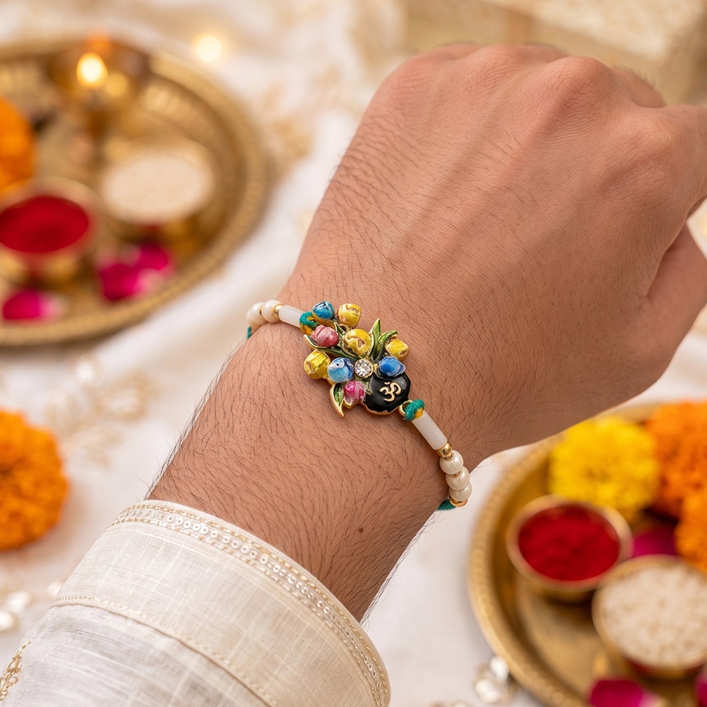 Floral Kundan Pearl Rakhi for Brother Bhai Raksha Bandhan Festival Special Gift Set