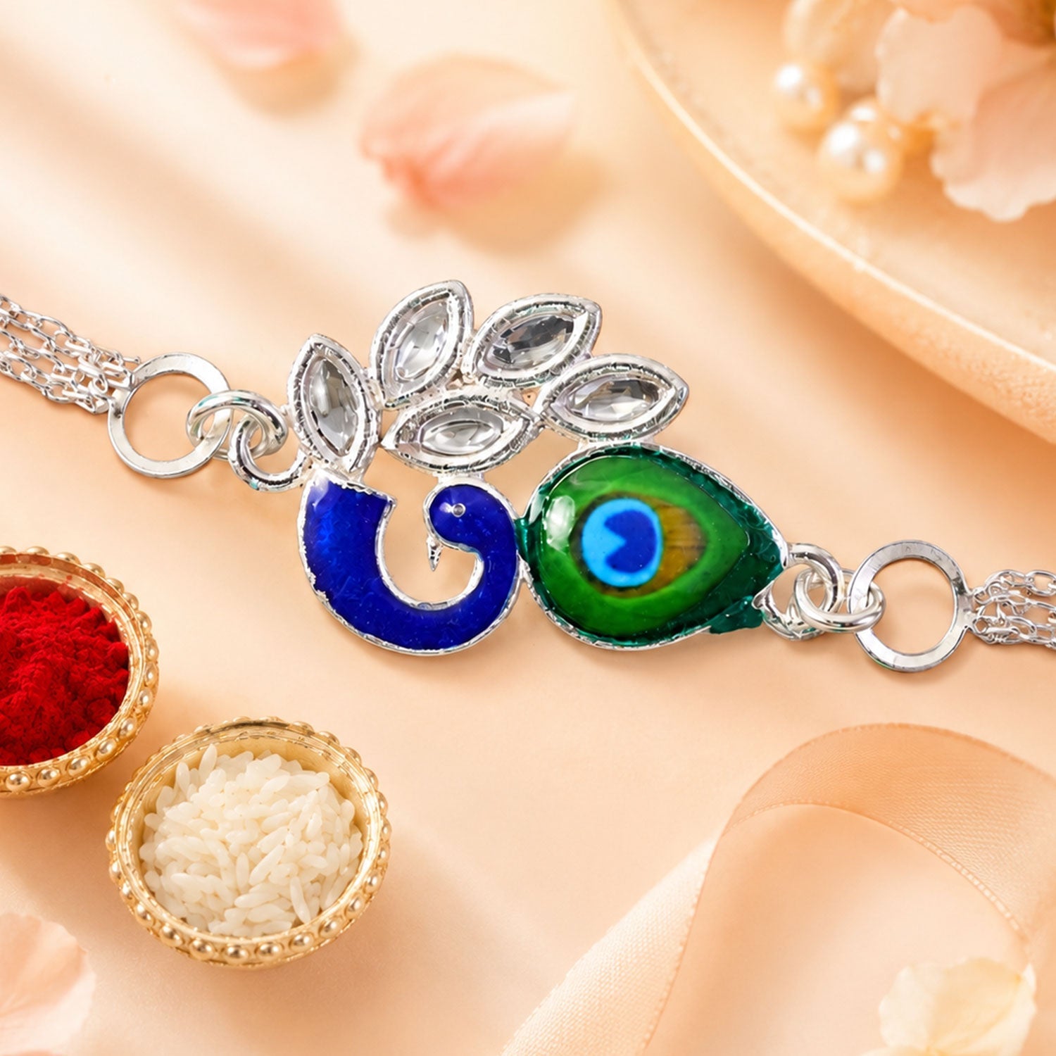 Peacock Feather Motif Premium Chain Designer Rakhi for Brother