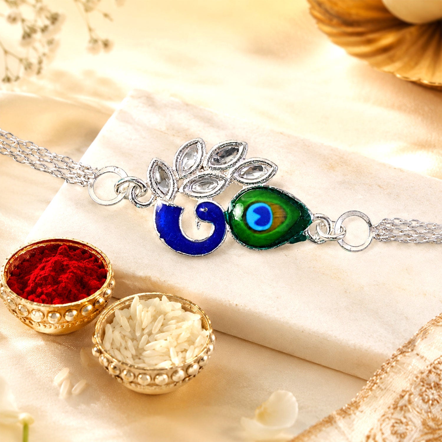 Peacock Feather Motif Premium Chain Designer Rakhi for Brother
