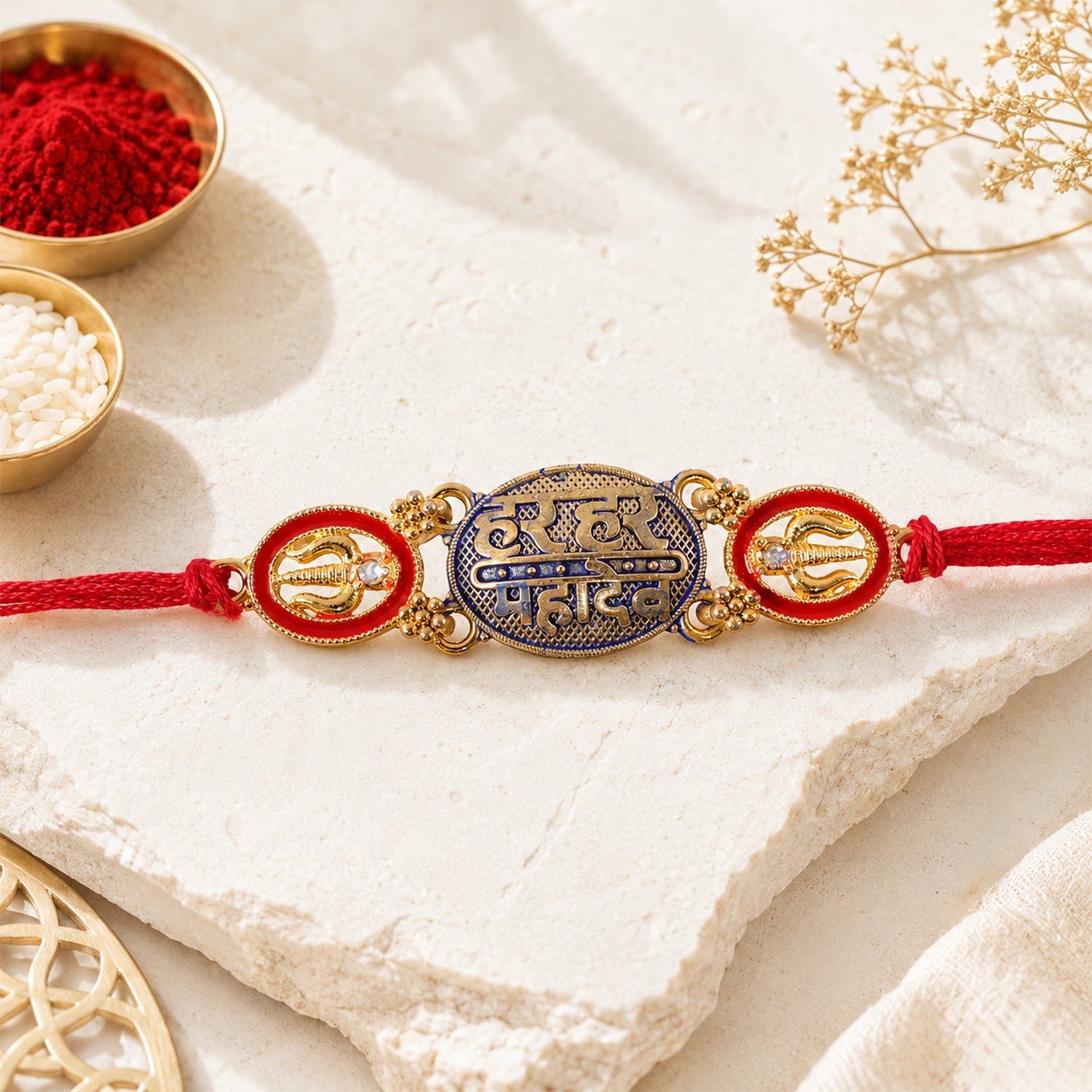 Har Har Mahadev Text Oval Premium Traditional Designer Rakhi for Brother