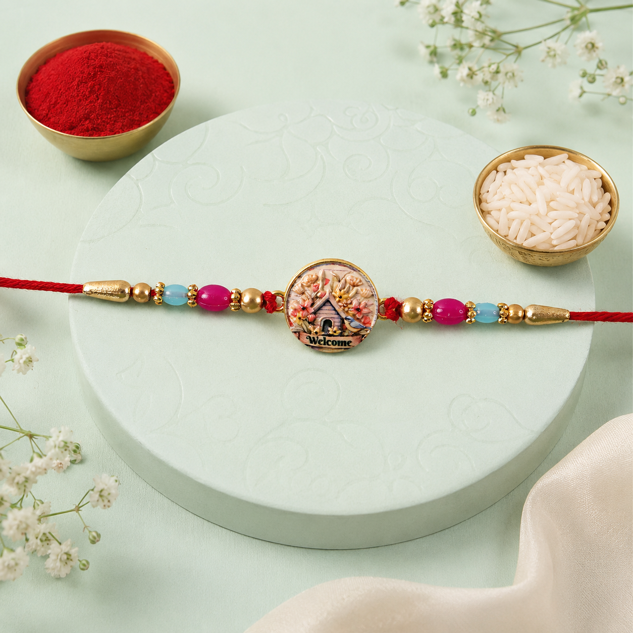 Round Design Welcome Home Charm Premium Designer Rakhi for Brother
