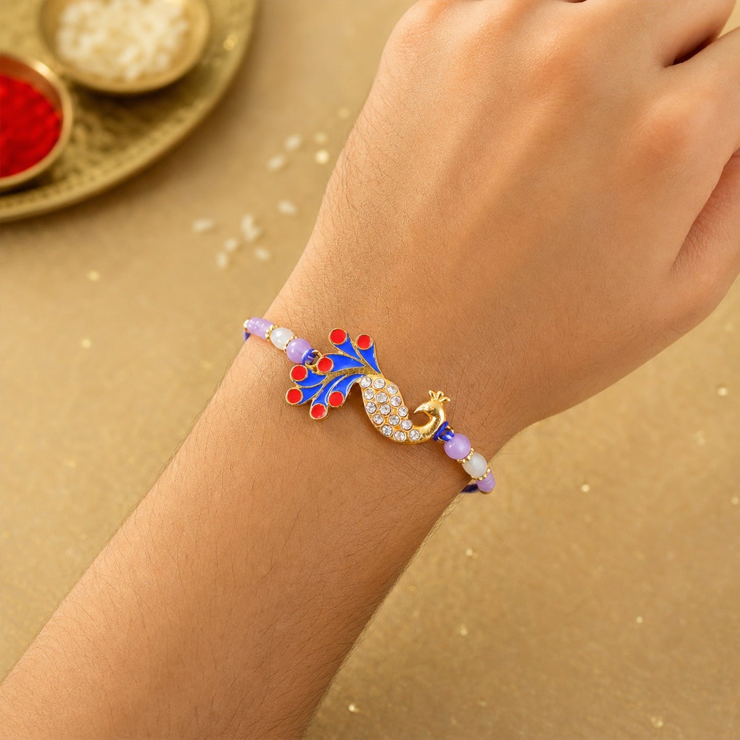 Traditional Mor Motif Rakhi with Meenakari & Stones Rakhi for Brother