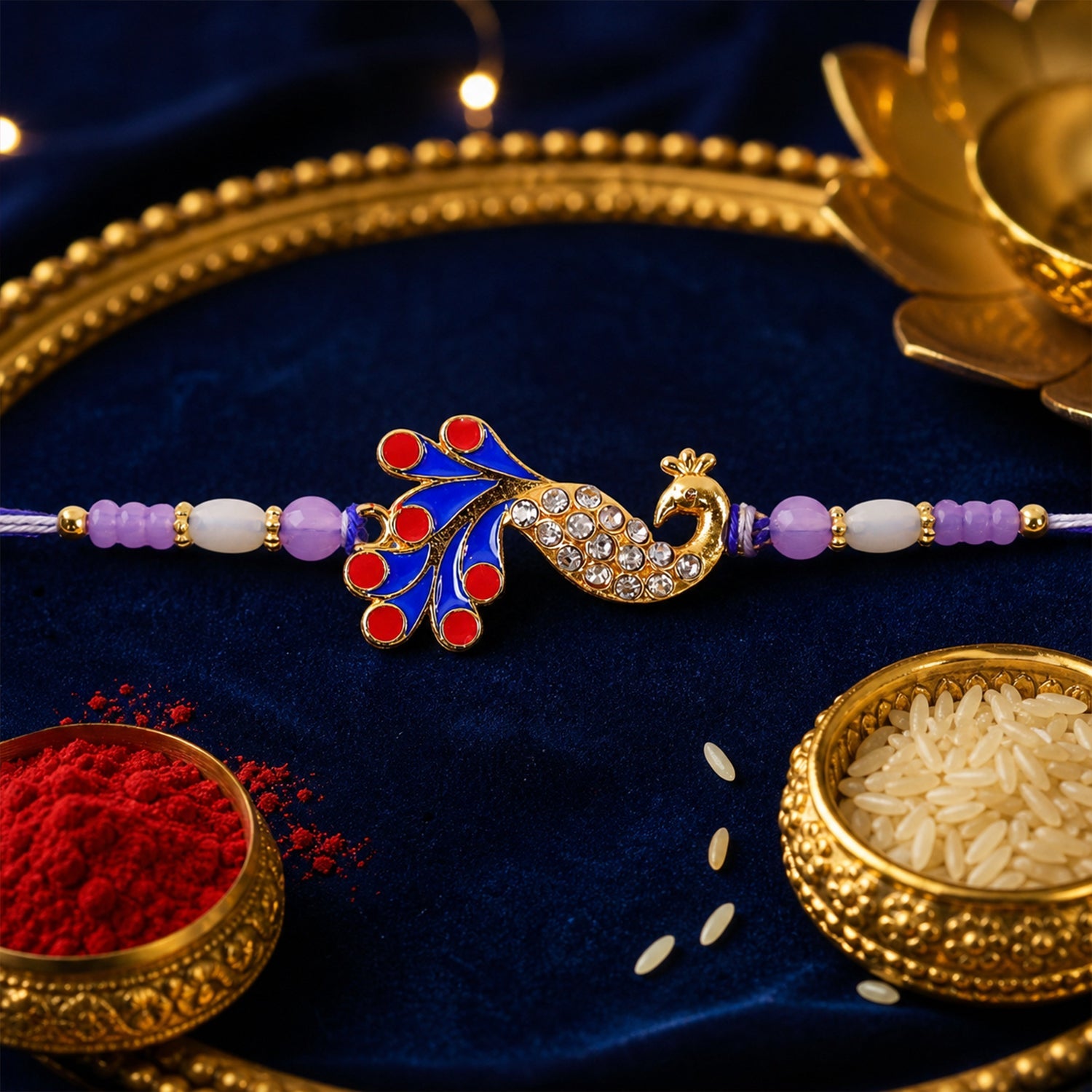 Traditional Mor Motif Rakhi with Meenakari & Stones Rakhi for Brother