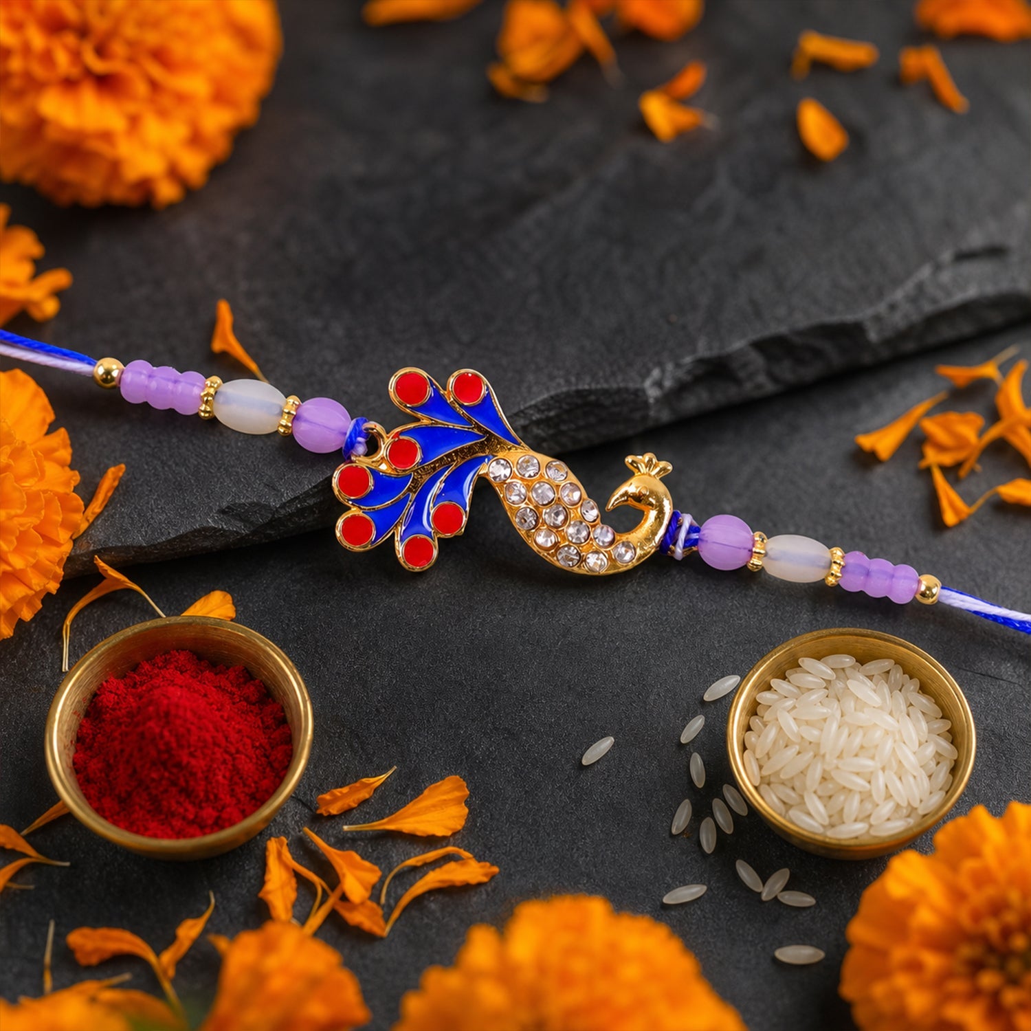 Traditional Mor Motif Rakhi with Meenakari & Stones Rakhi for Brother
