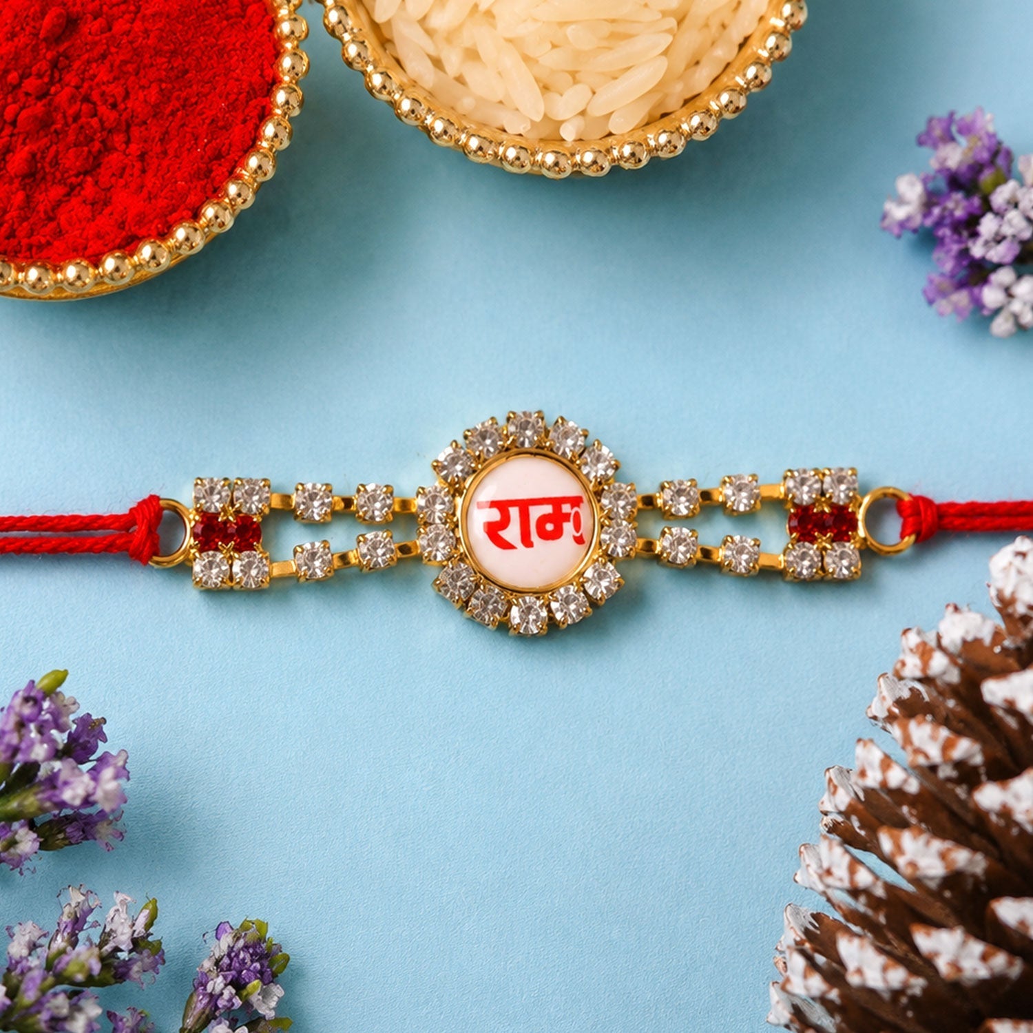 Ram Text Round Stone Studded Premium Designer Rakhi for Brother