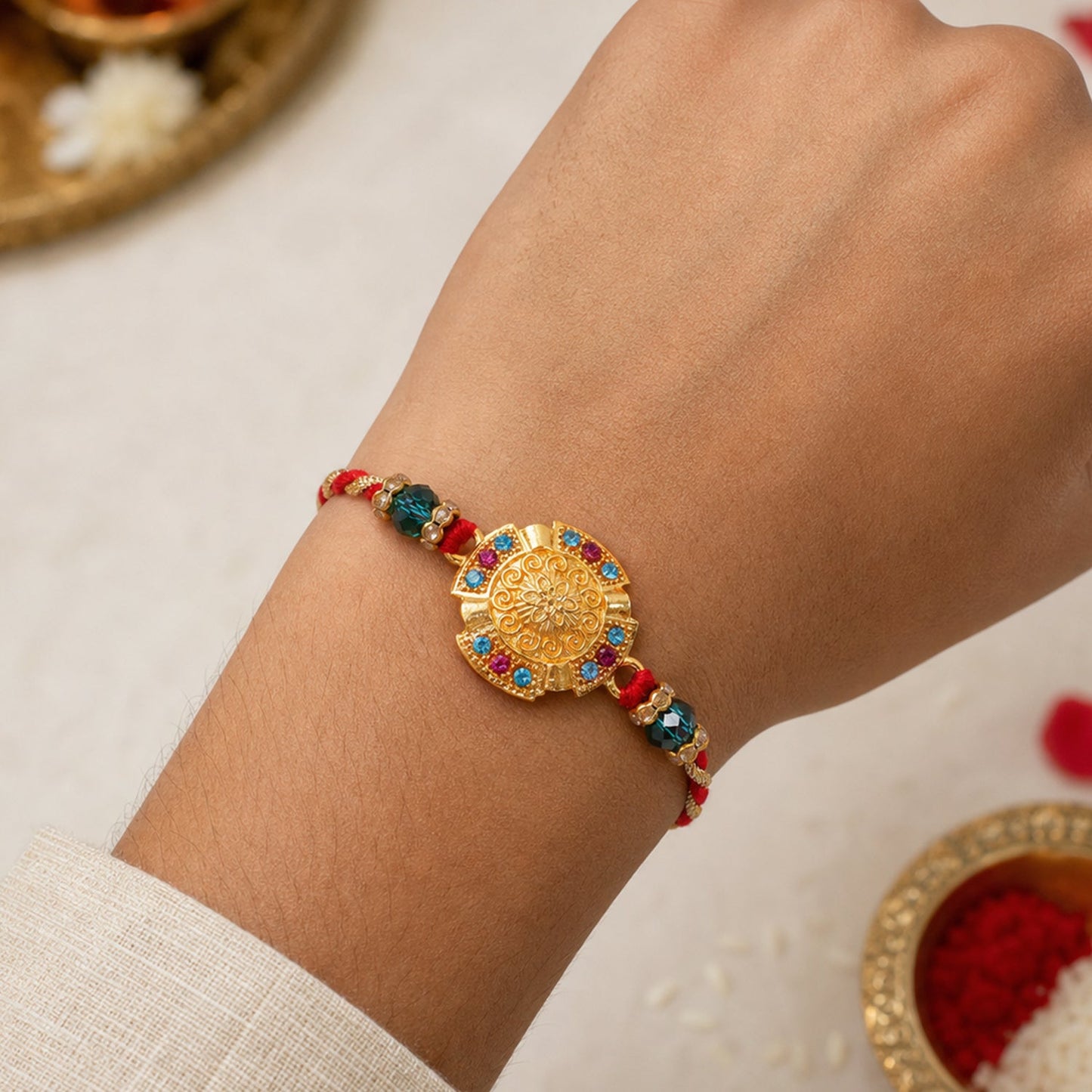 Round Floral Medallion Premium Beaded Designer Rakhi for Brother