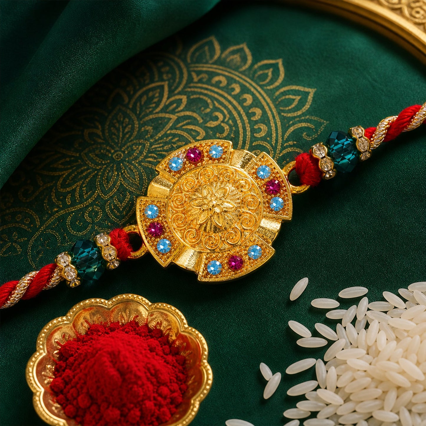 Round Floral Medallion Premium Beaded Designer Rakhi for Brother