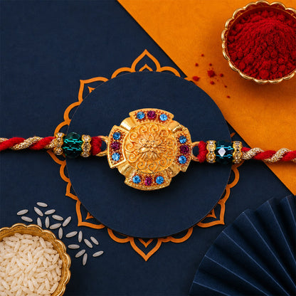 Round Floral Medallion Premium Beaded Designer Rakhi for Brother