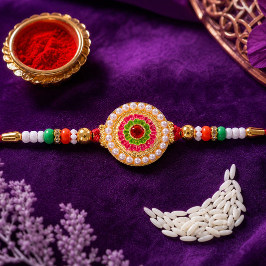 Round Floral Stone Studded Premium Designer Rakhi for Brother