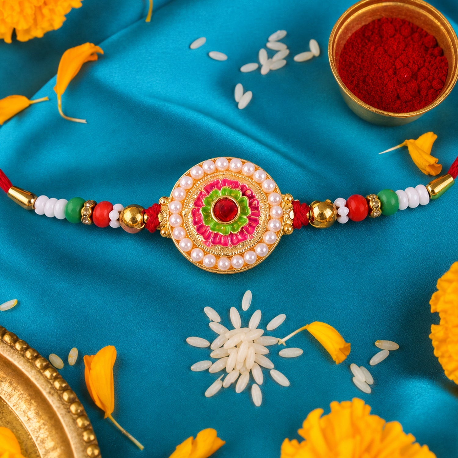 Round Floral Stone Studded Premium Designer Rakhi for Brother