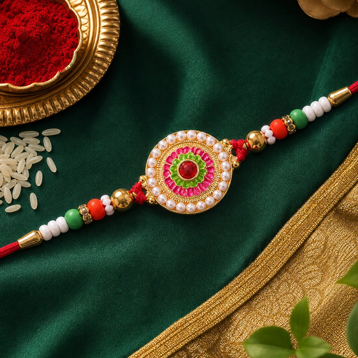 Round Floral Stone Studded Premium Designer Rakhi for Brother