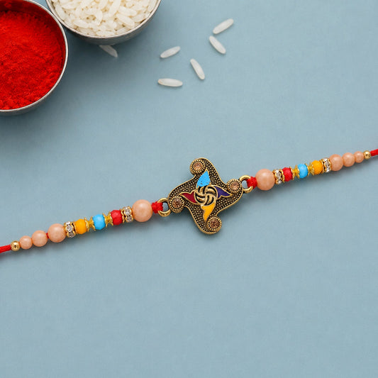 Golden Antique Meenakari Rakhi with Stones & Pearls – Rakhi for Brother