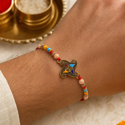 Golden Antique Meenakari Rakhi with Stones & Pearls – Rakhi for Brother