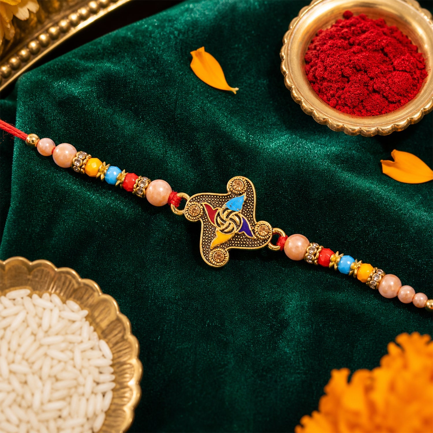 Golden Antique Meenakari Rakhi with Stones & Pearls – Rakhi for Brother