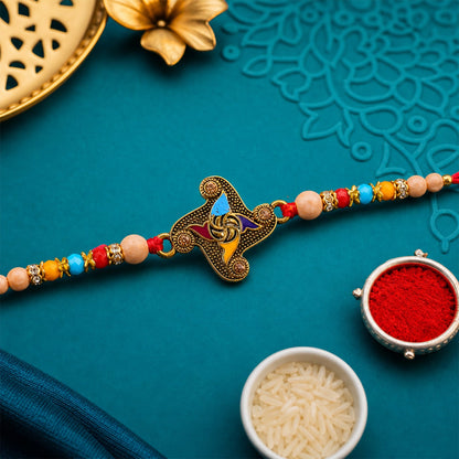 Golden Antique Meenakari Rakhi with Stones & Pearls – Rakhi for Brother