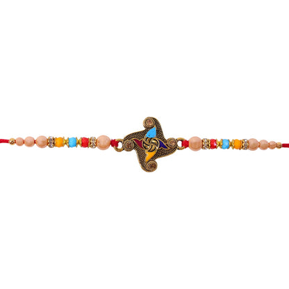 Golden Antique Meenakari Rakhi with Stones & Pearls – Rakhi for Brother