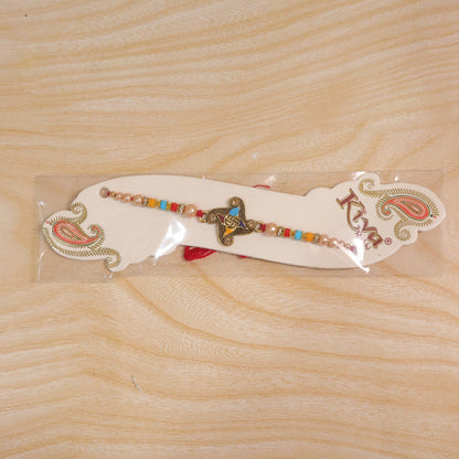 Golden Antique Meenakari Rakhi with Stones & Pearls – Rakhi for Brother