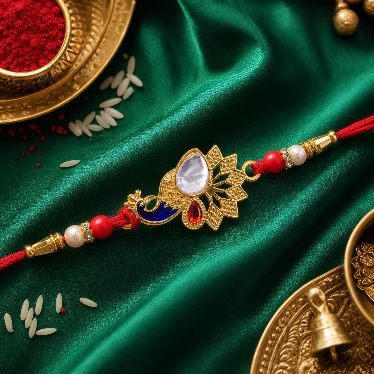 Peacock Feather Stone Studded Premium Designer Rakhi for Brother