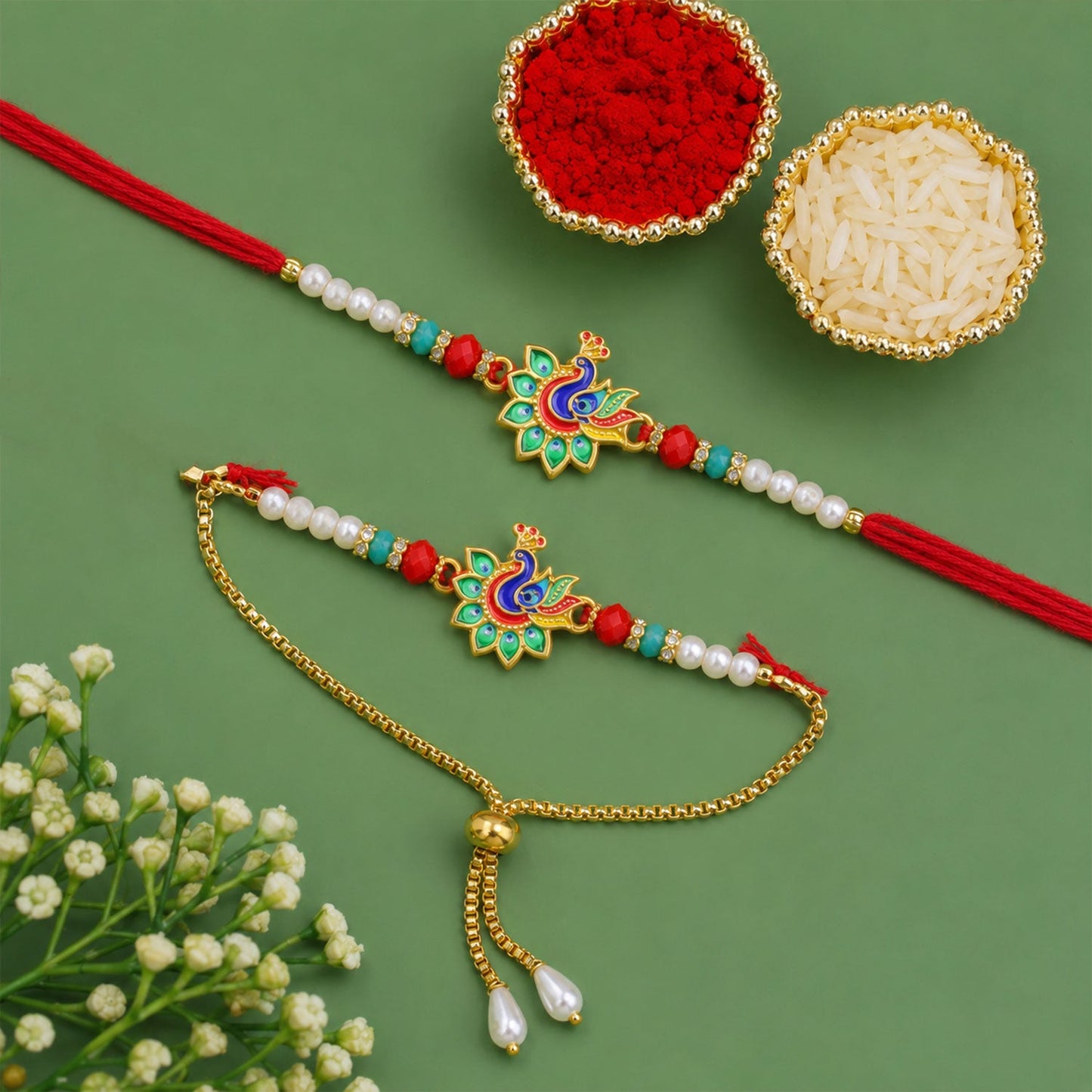 Premium Peacock Charm Lumba Rakhi Set Beaded Designer bhabhi Rakhi