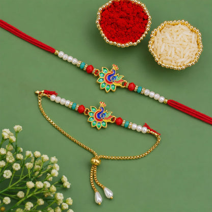 Premium Peacock Charm Lumba Rakhi Set Beaded Designer bhabhi Rakhi