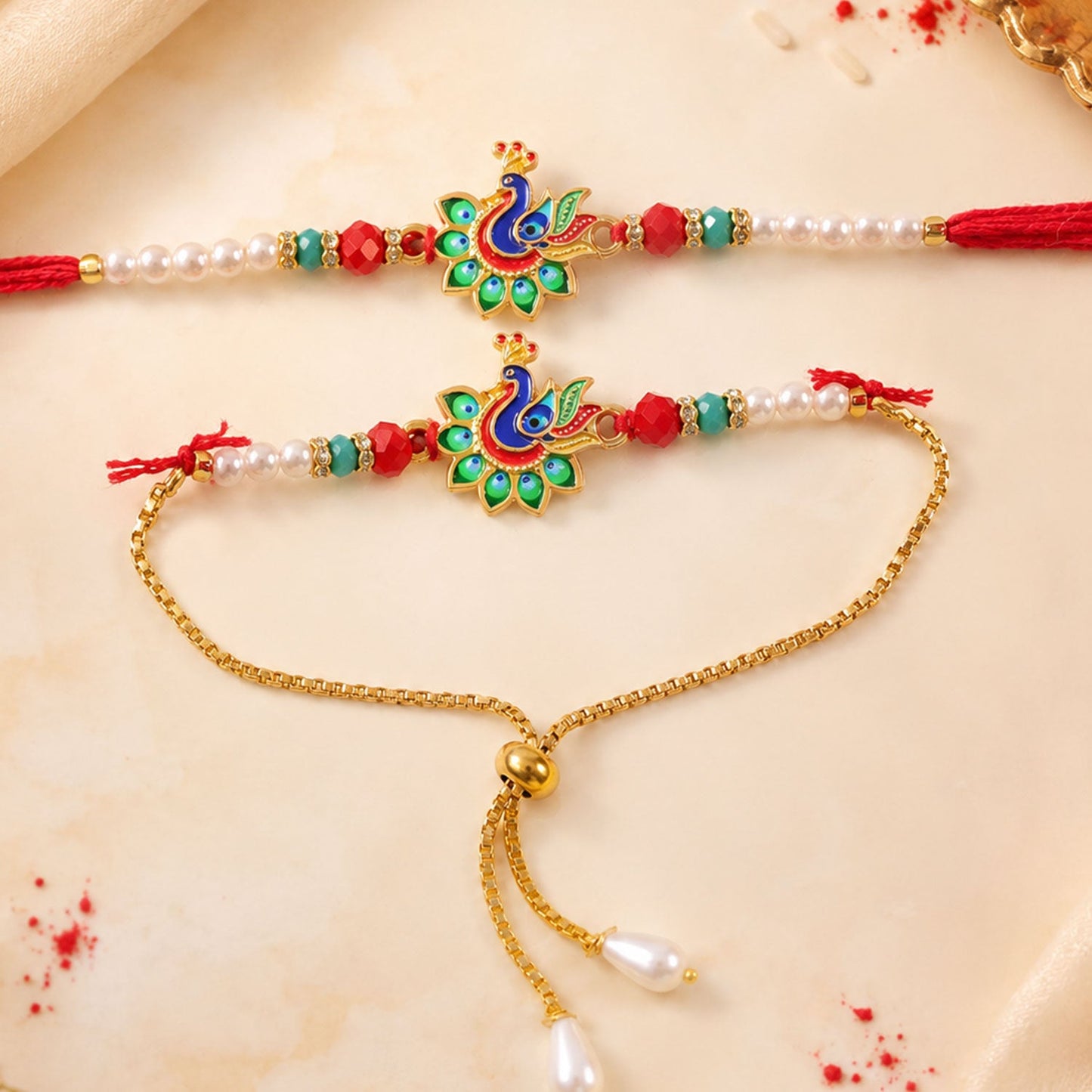 Premium Peacock Charm Lumba Rakhi Set Beaded Designer bhabhi Rakhi