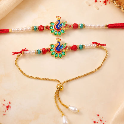 Premium Peacock Charm Lumba Rakhi Set Beaded Designer bhabhi Rakhi