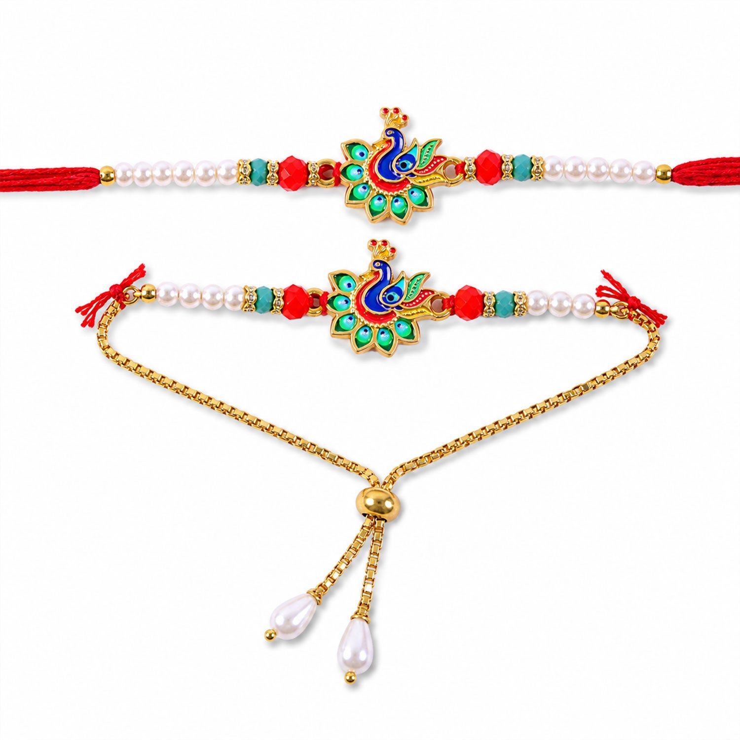 Premium Peacock Charm Lumba Rakhi Set Beaded Designer bhabhi Rakhi