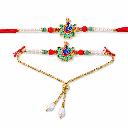 Premium Peacock Charm Lumba Rakhi Set Beaded Designer bhabhi Rakhi