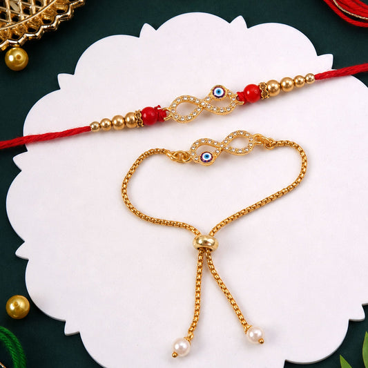 Premium Infinity Evil Eye Charm Lumba Rakhi Set Beaded Designer bhabhi Rakhi