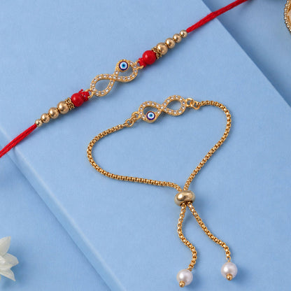 Premium Infinity Evil Eye Charm Lumba Rakhi Set Beaded Designer bhabhi Rakhi