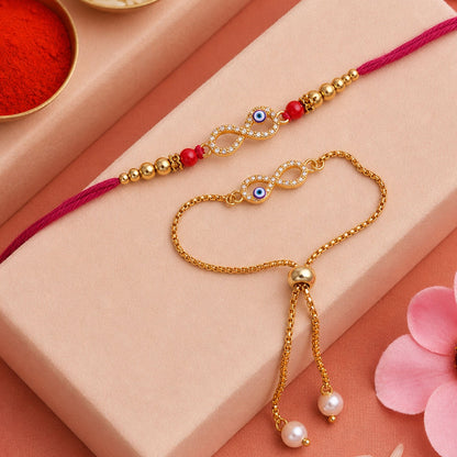 Premium Infinity Evil Eye Charm Lumba Rakhi Set Beaded Designer bhabhi Rakhi