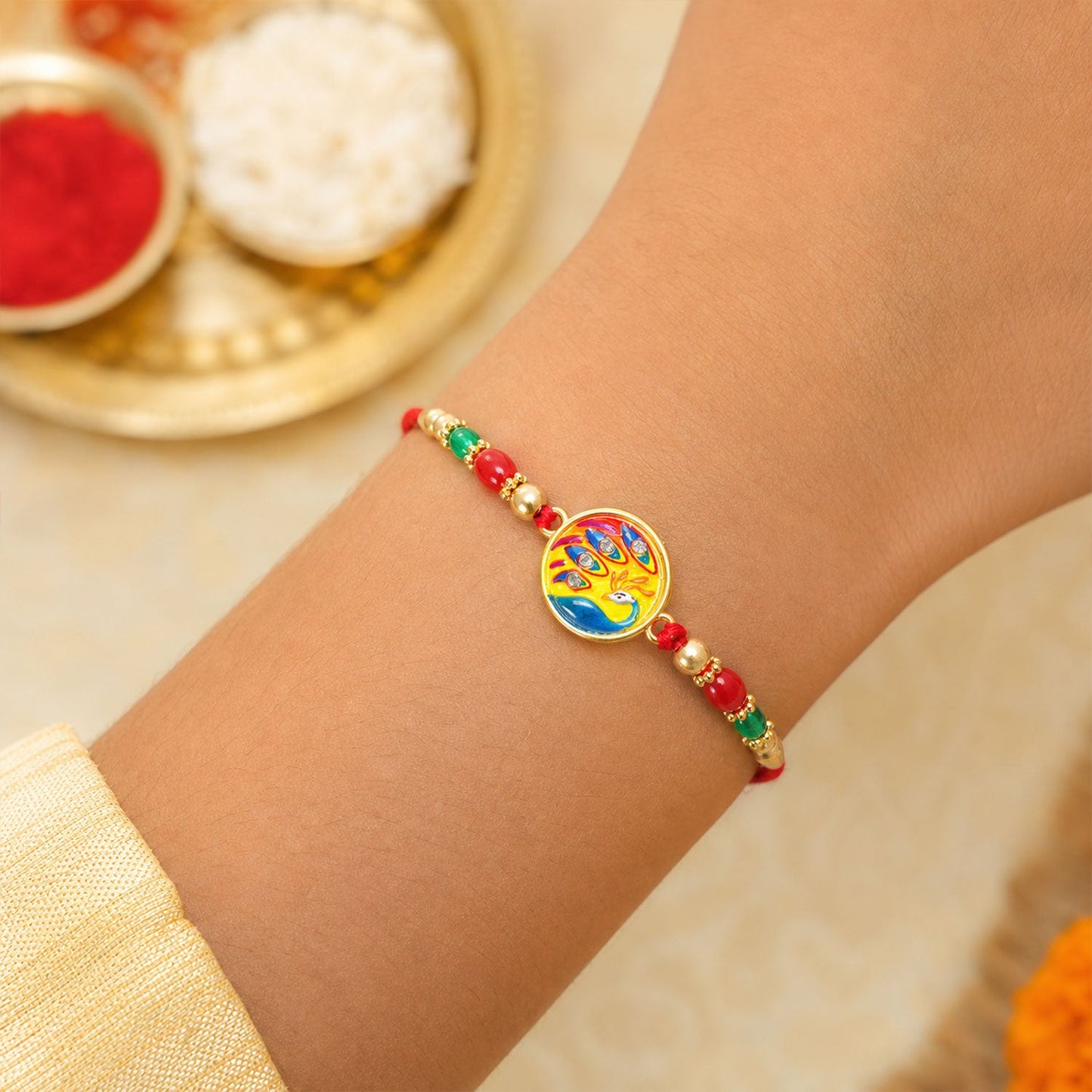Round Meenakari Peacock Design Crystal Beads Rakhi for Brother