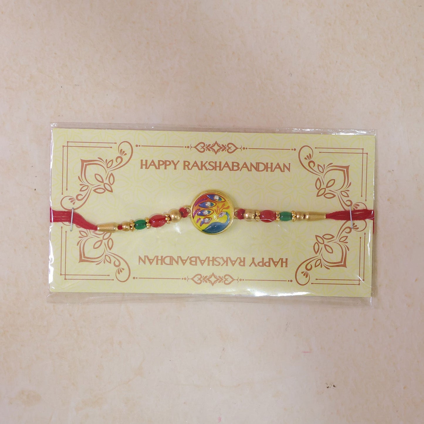 Round Meenakari Peacock Design Crystal Beads Rakhi for Brother