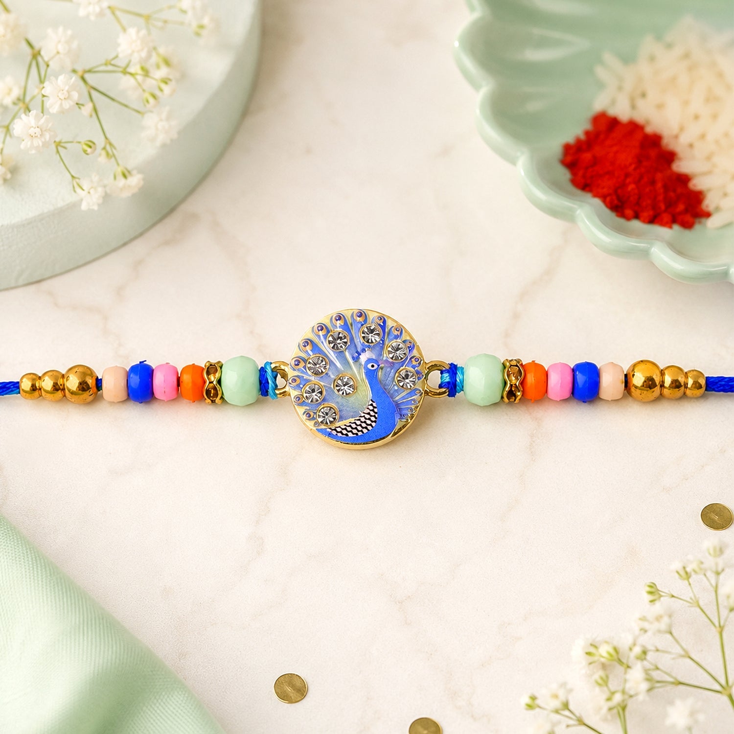 Round Meenakari Peacock Crystal Multicolor Beads Rakhi for Brother