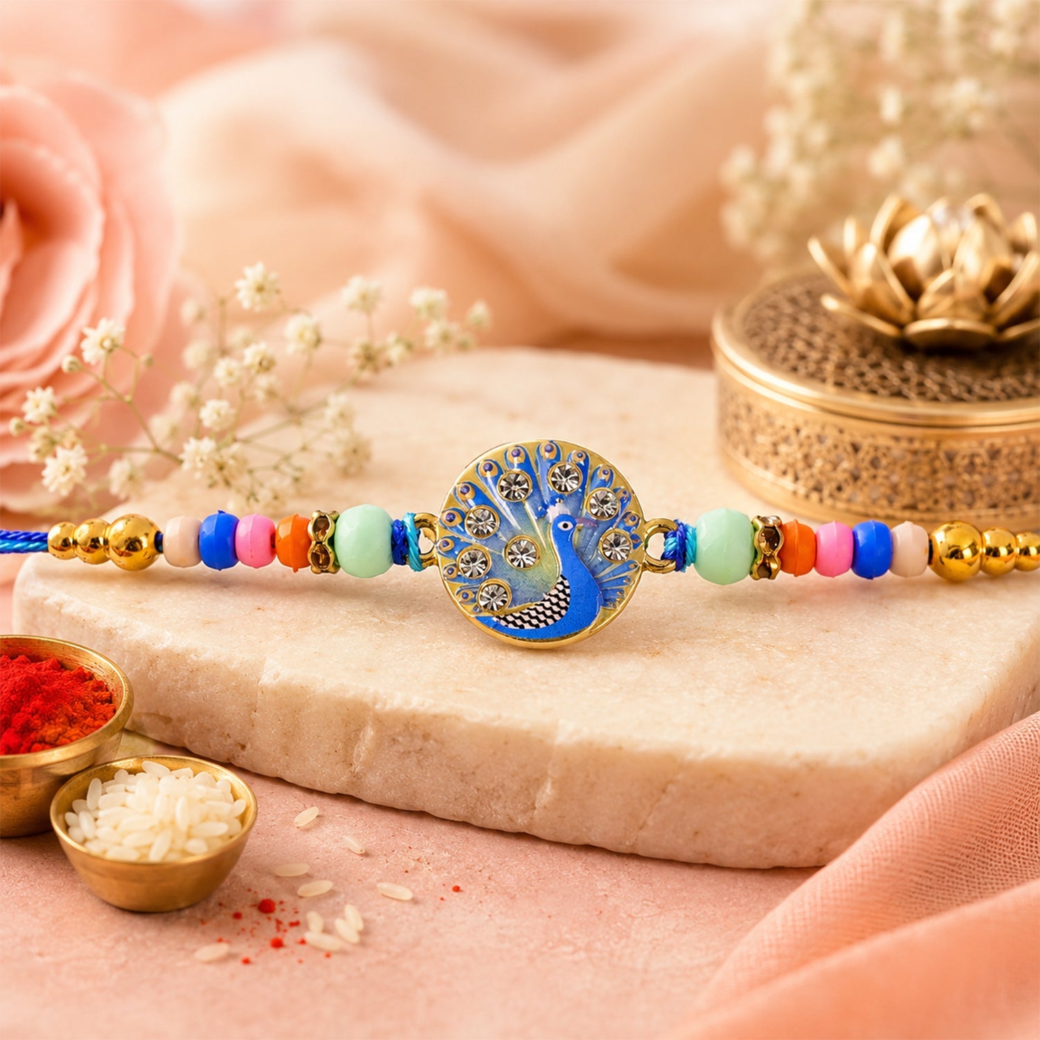 Round Meenakari Peacock Crystal Multicolor Beads Rakhi for Brother